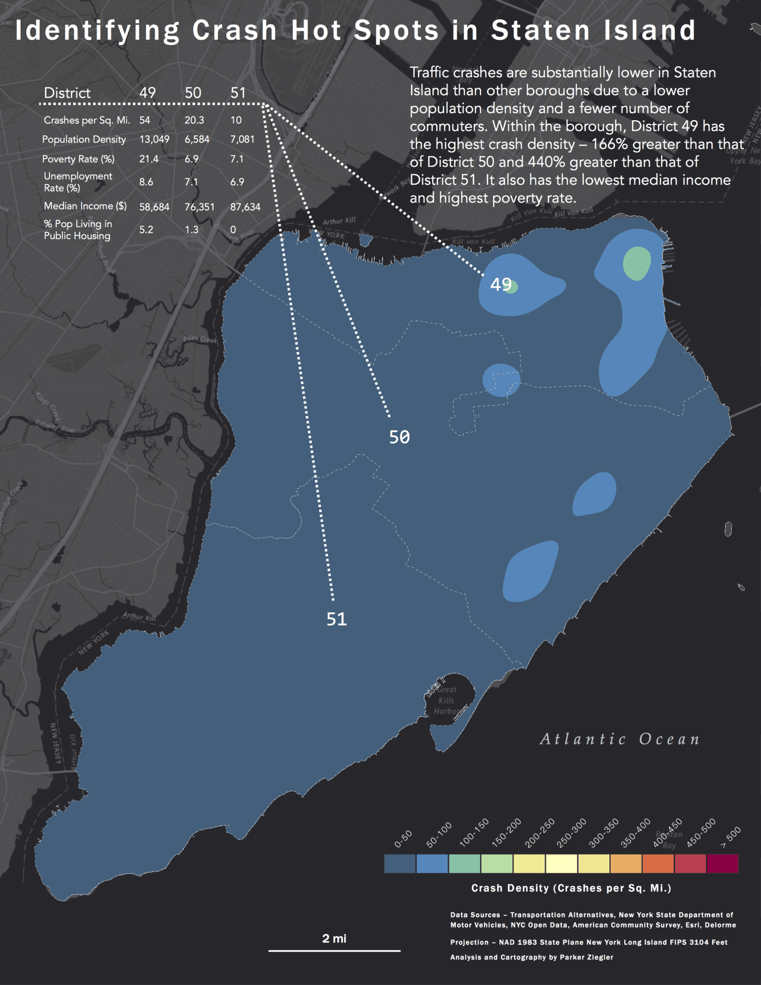 A heat map of traffic crashes on Staten Island, New York between 2013 and 2015.