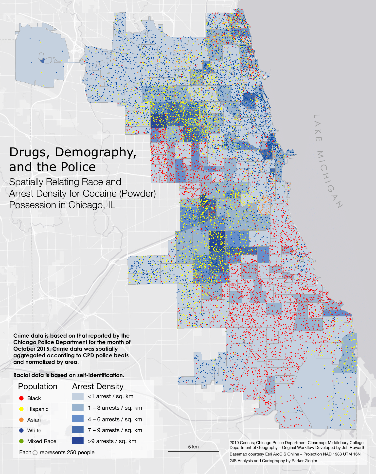 A map spatially correlating race and arrest density for possession of  cocaine in Chicago, IL.