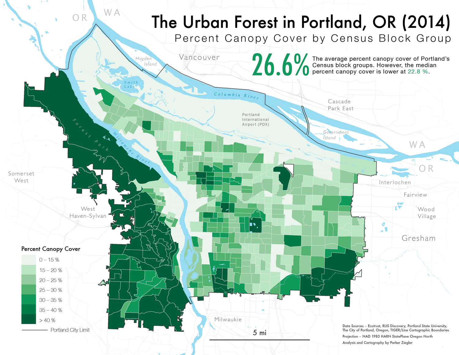 A map of Portland's urban canopy by Census Block Group in 2014.