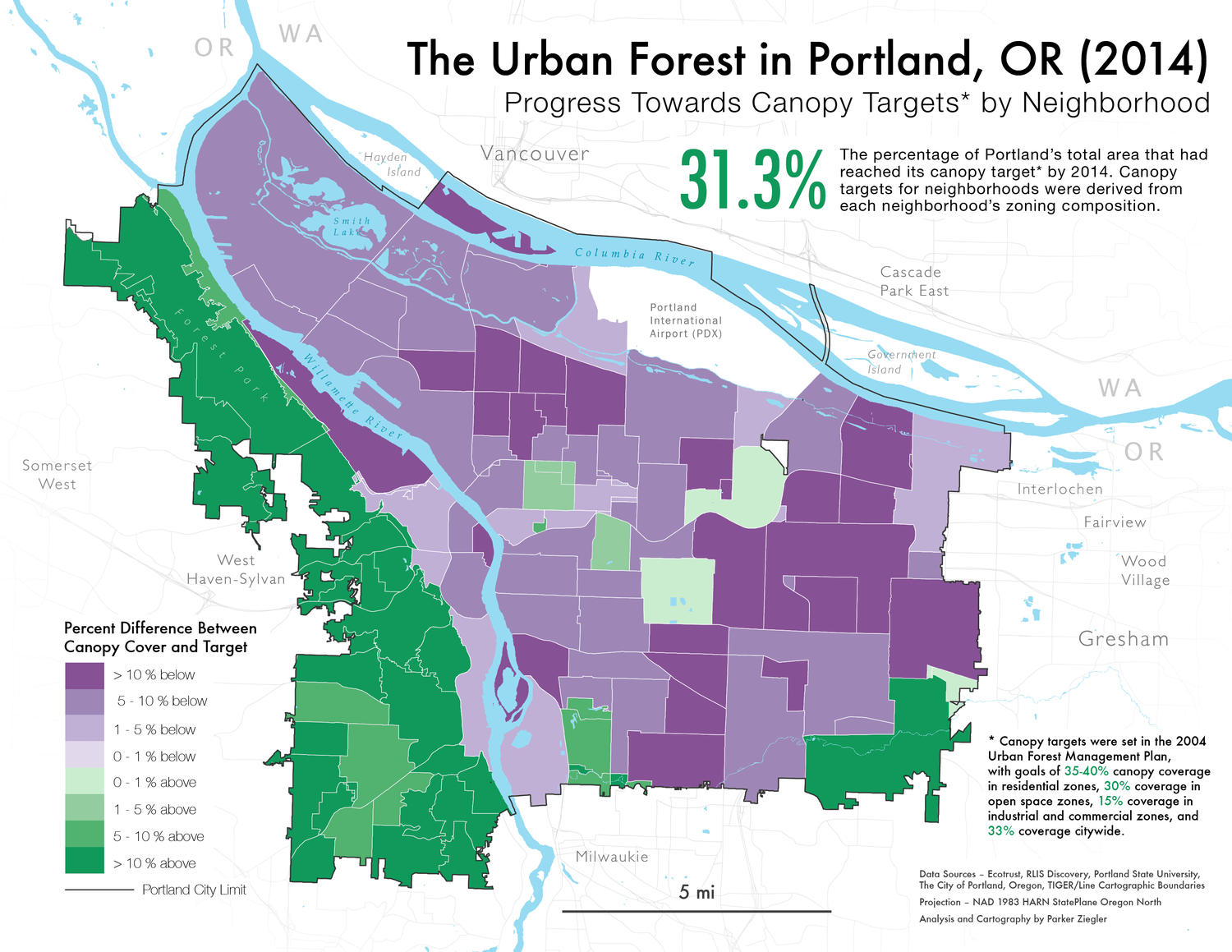A map of Portland's urban canopy cover compared to city targets by neighborhood in 2014.