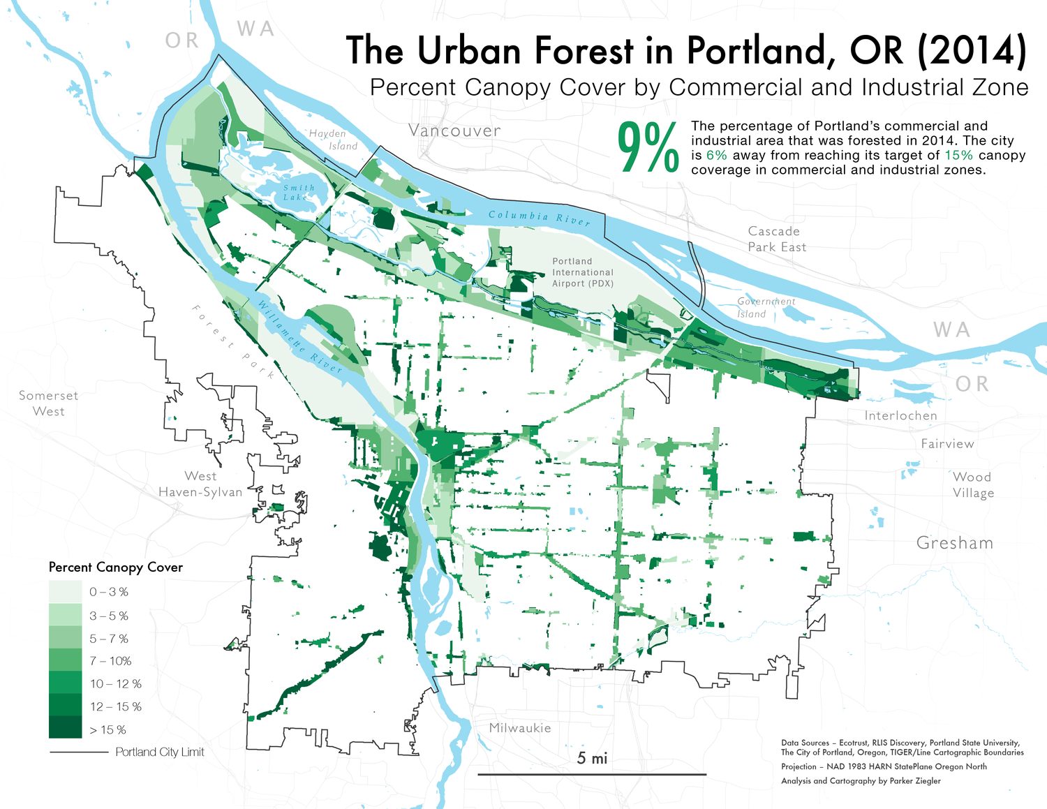 A map of Portland's urban canopy by Commercial and Industrial Zone in 2014.