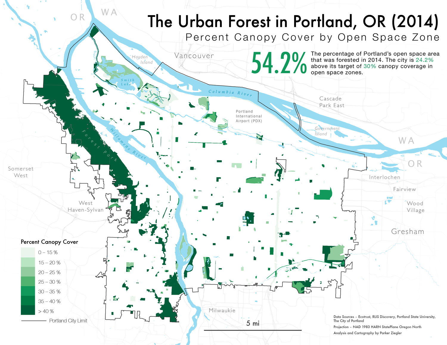 A map of Portland's urban canopy by Open Space Zone in 2014.
