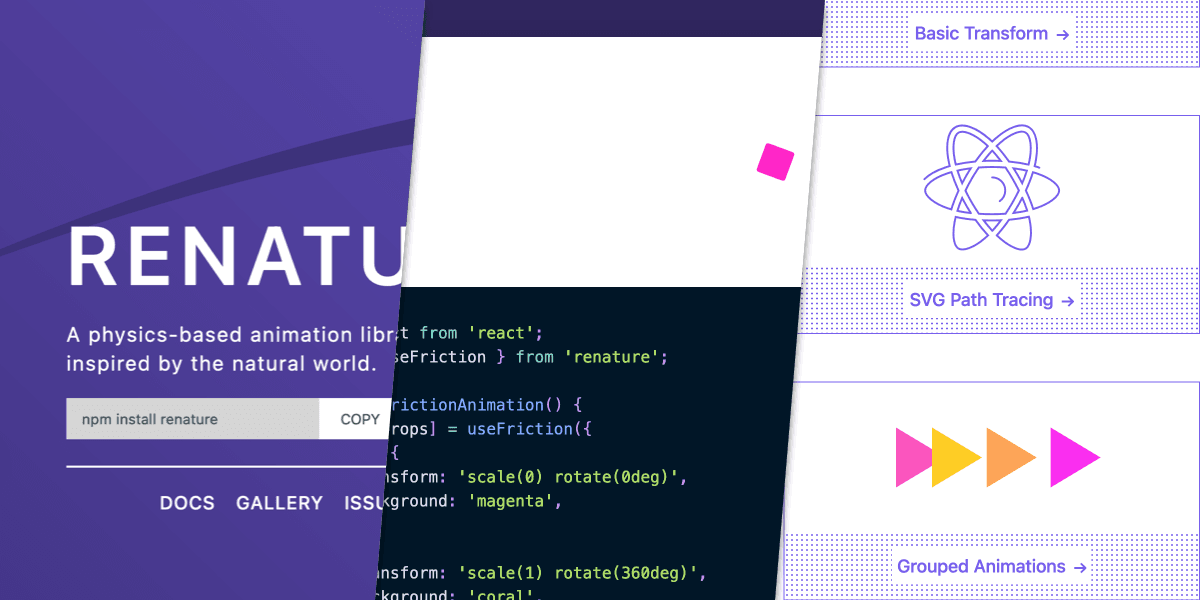 The documentation site for renature, a physics-based animation-library for React.