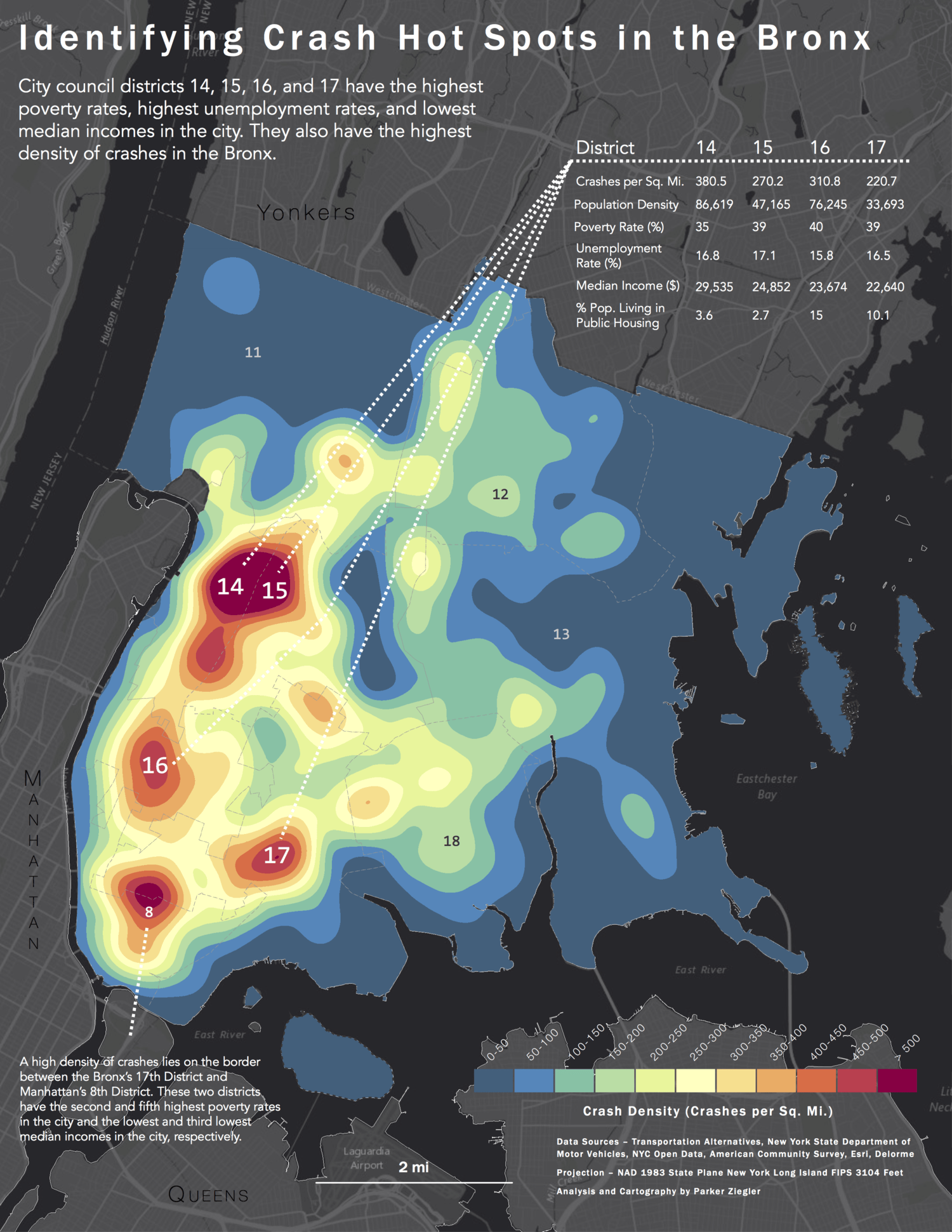 A heat map of traffic crashes in the Bronx, New York City between 2013 and 2015.