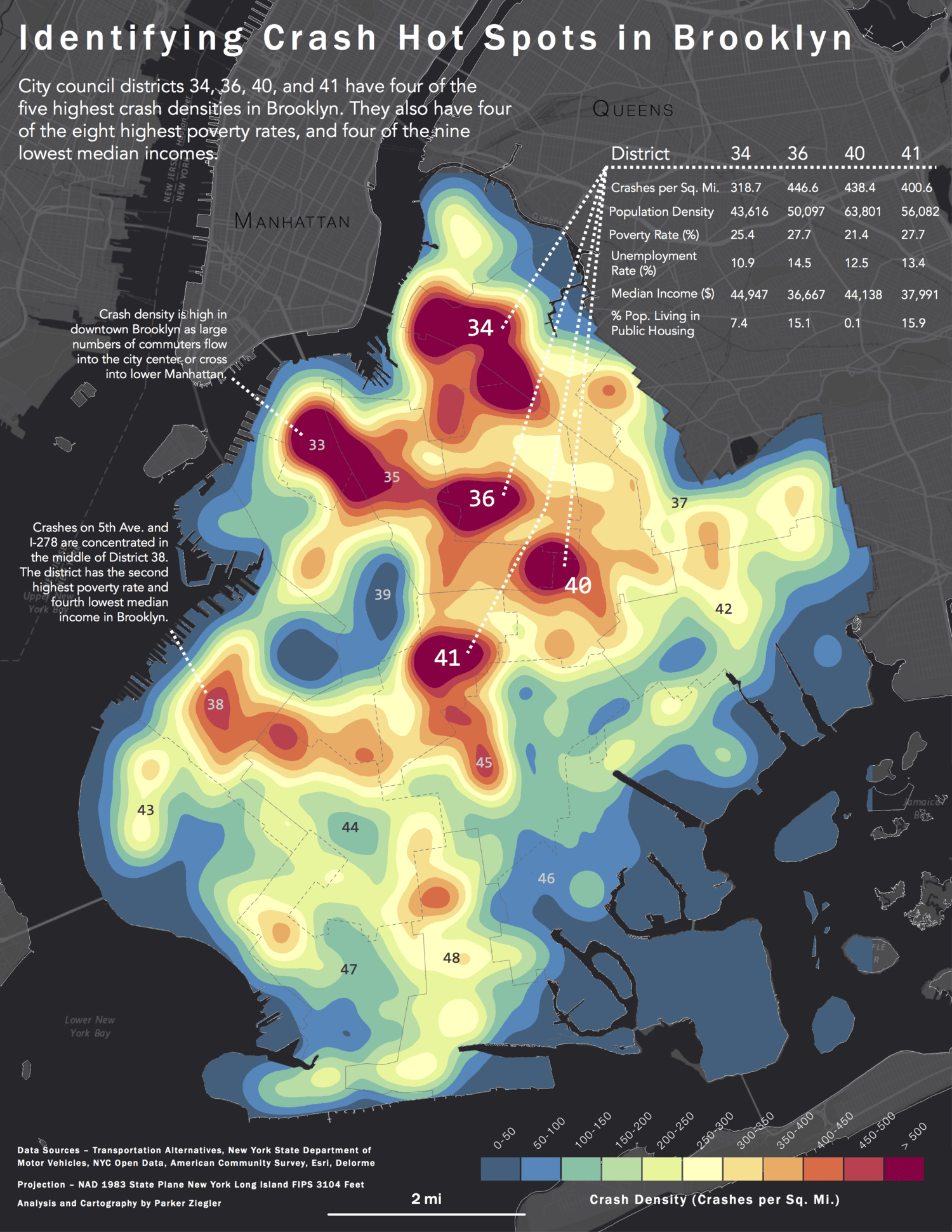 A heat map of traffic crashes in Brooklyn, New York between 2013 and 2015.