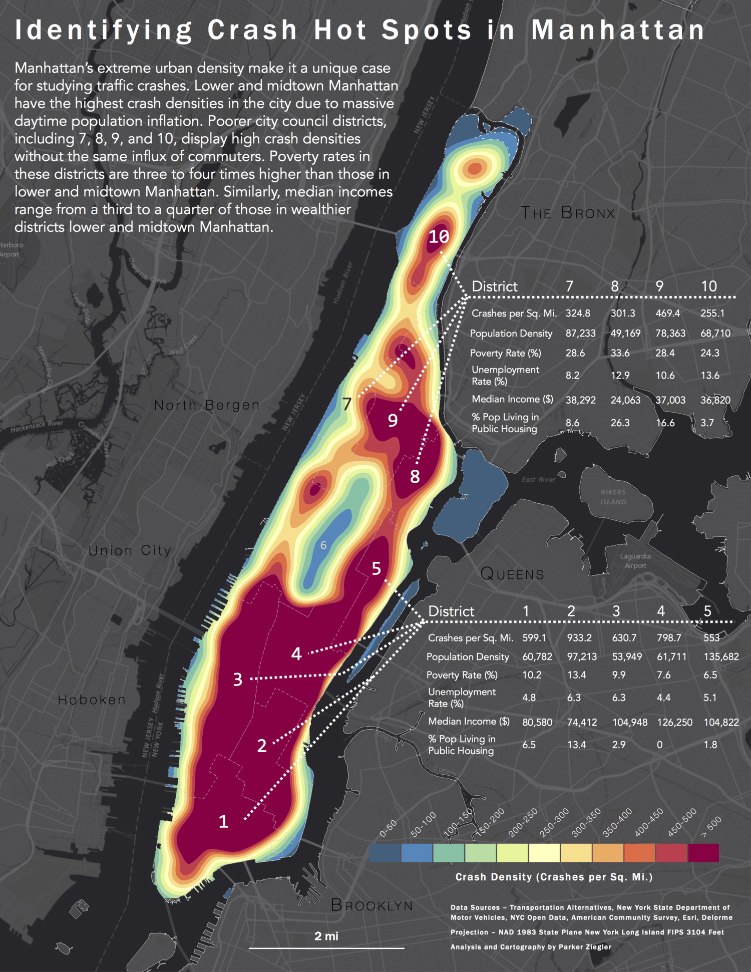 A heat map of traffic crashes in Manhattan, New York City between 2013 and 2015.