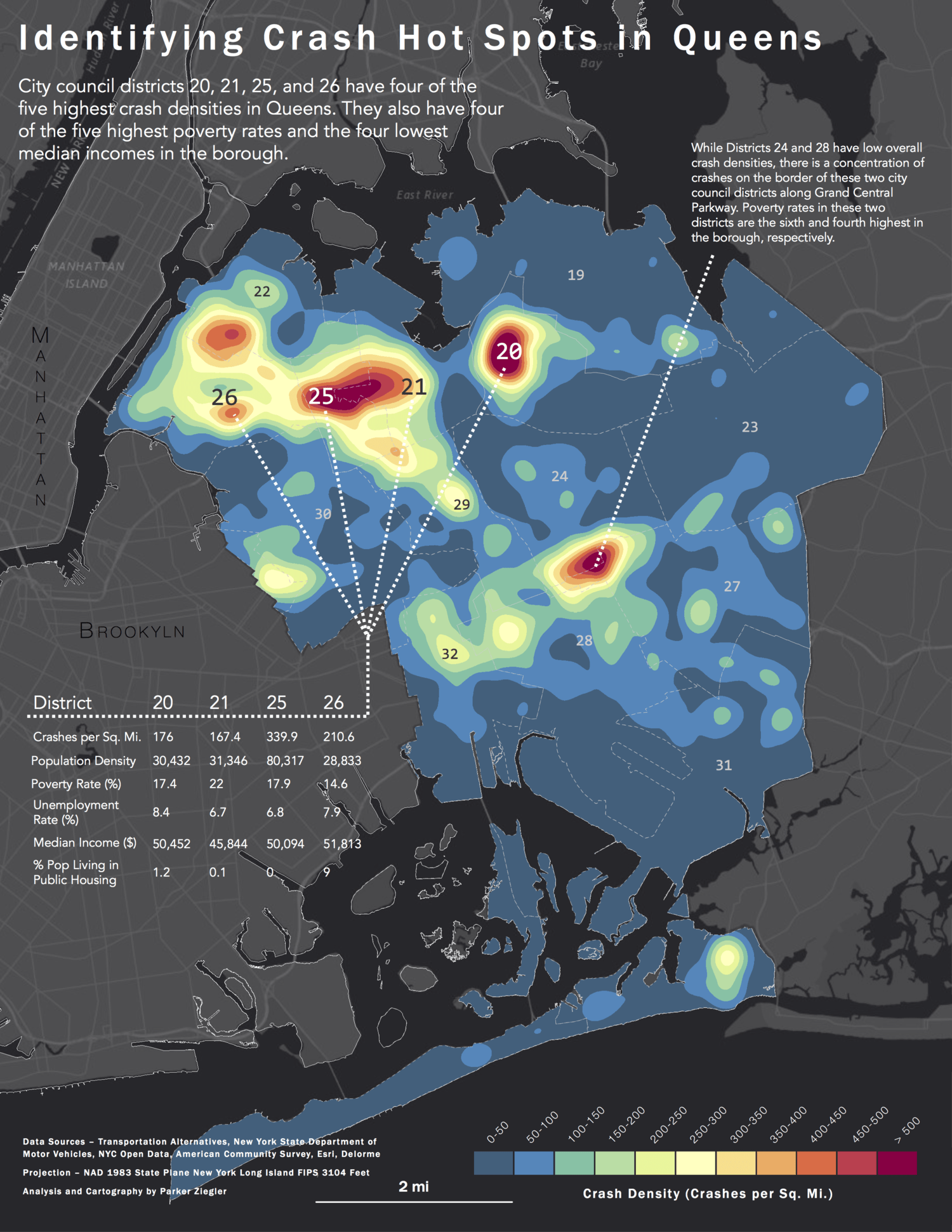 A heat map of traffic crashes in Queens, New York between 2013 and 2015.