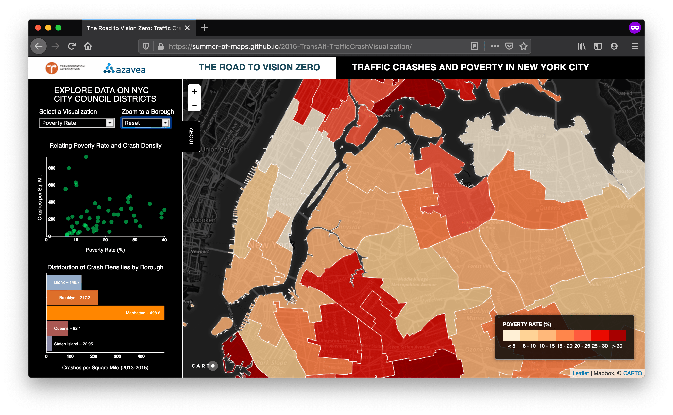 Notice that we have the Poverty Rate layer selected in the dropdown, the Poverty Rate layer is showing on the map, and the scatterplot is showing the relationship between Poverty Rate and Crash Density. Ah, the beauty of integrated data views.
