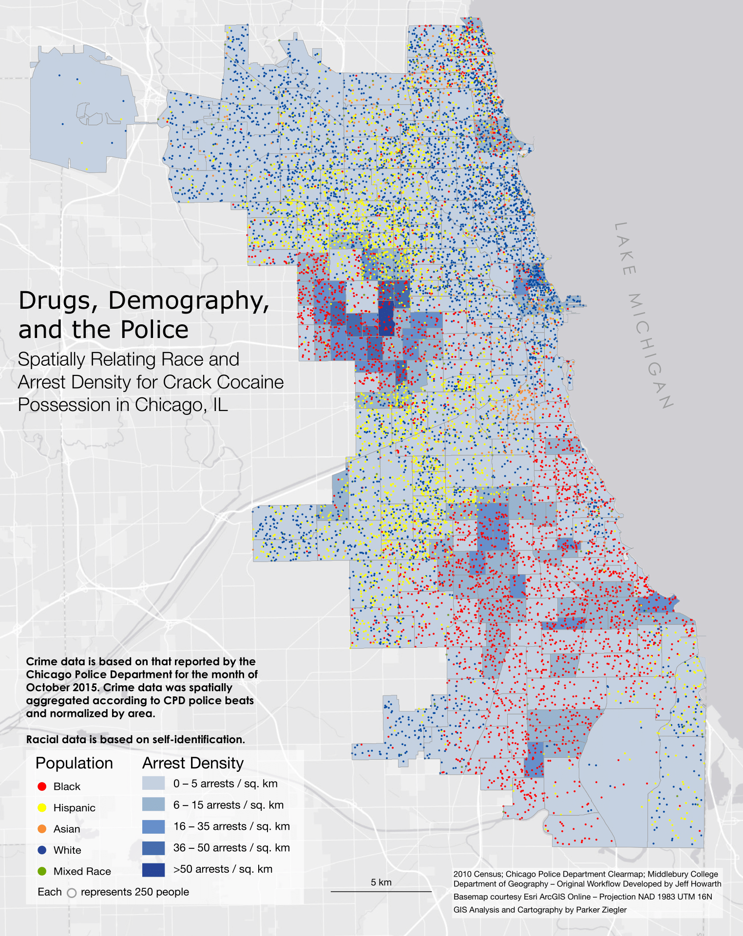 A map examining the spatial correlations between non-violent drug arrests and race in Chicago.