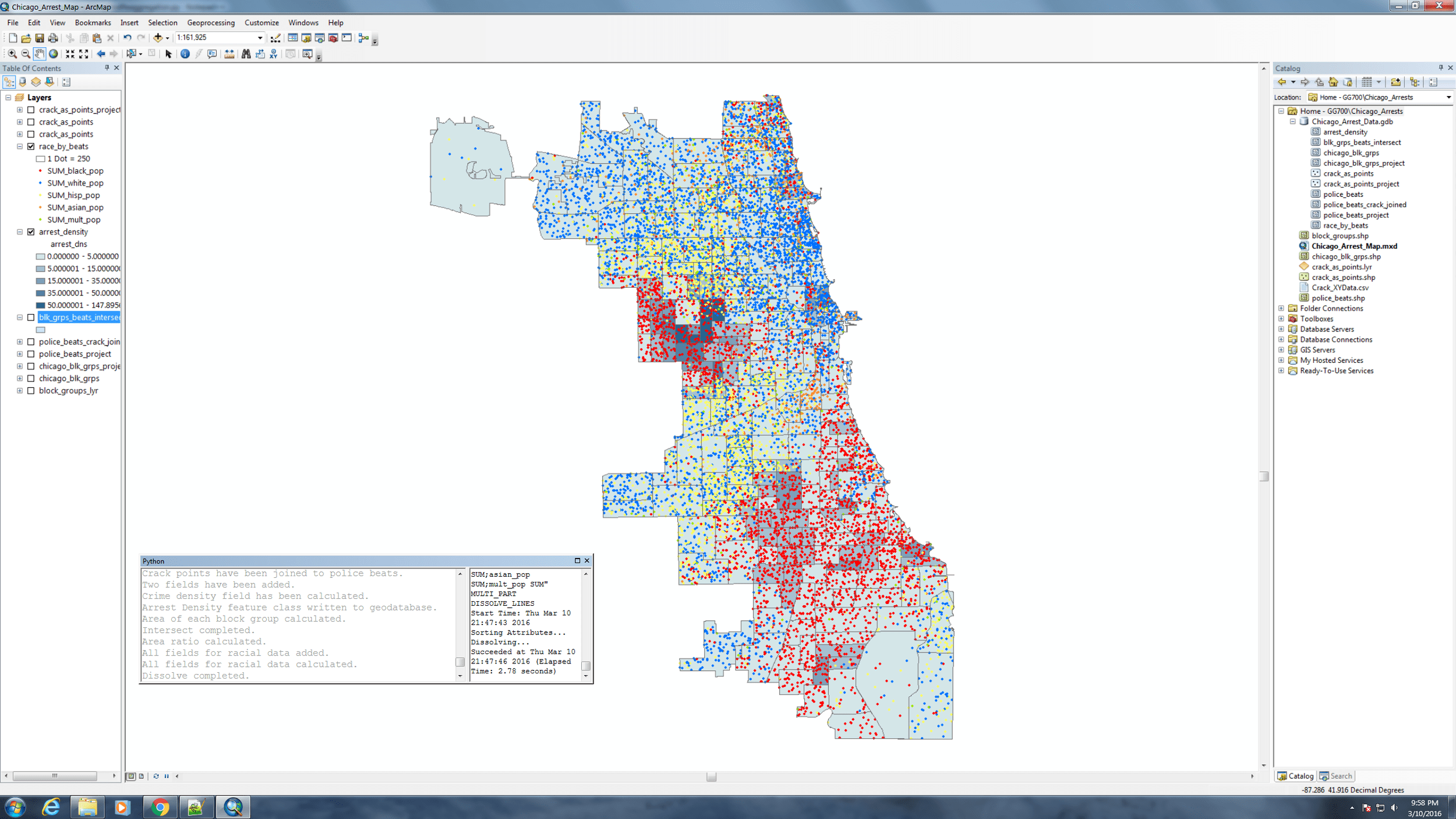 The map produced by running my custom geoprocessing script for examining the spatial correlations between non-violent drug arrests and race in Chicago.