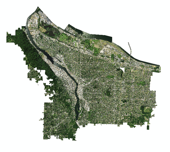 A composited NAIP image of the city of Portland, OR in 2014 displayed in true color (R = Band 1, G = Band 2, B = Band 3).